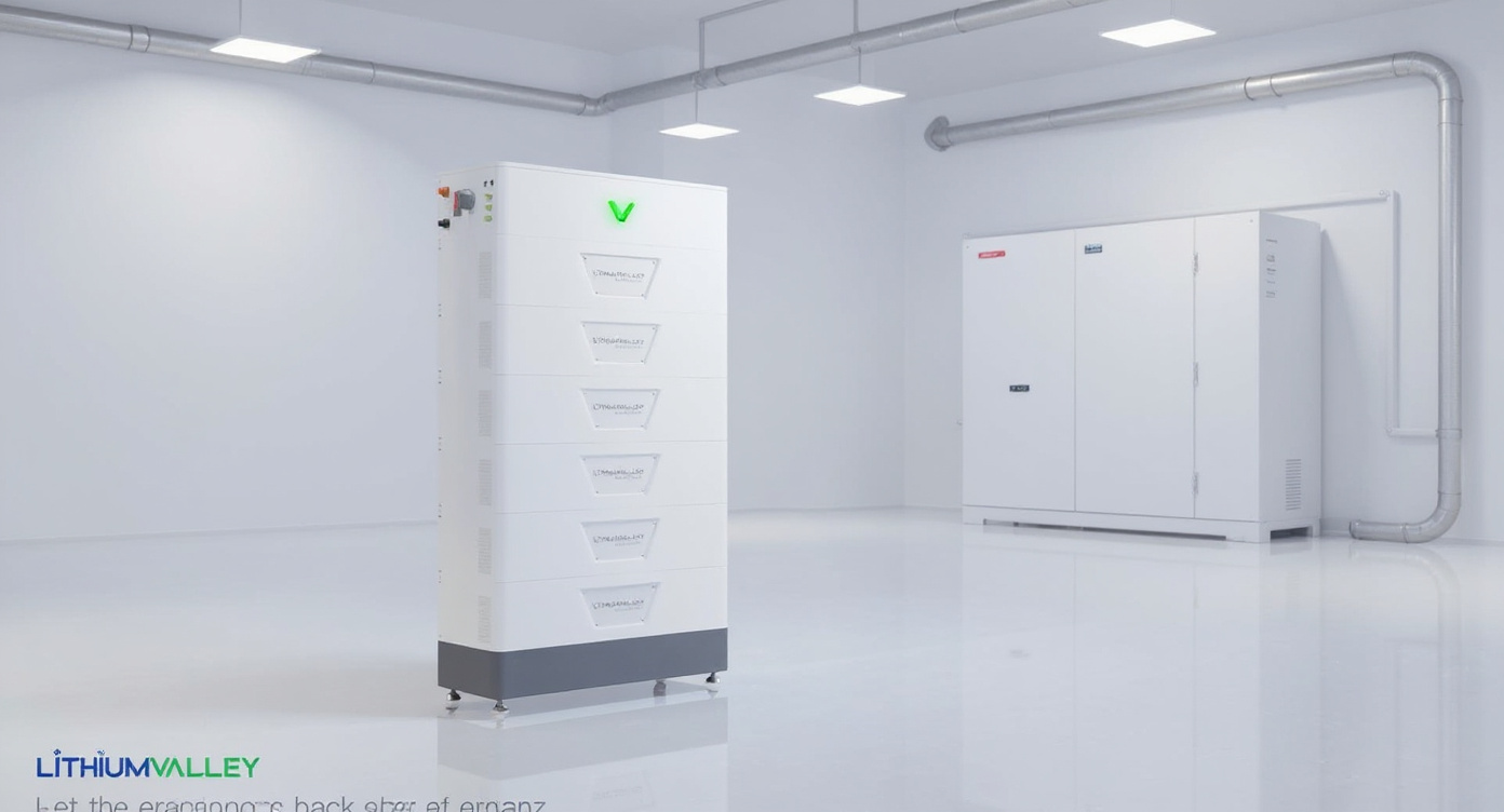 Battery cabinet positioned beside a white generator in a clean industrial backup room.