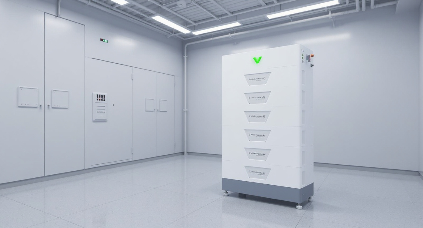 Energy storage cabinet beside commercial switchgear in a bright electrical room.