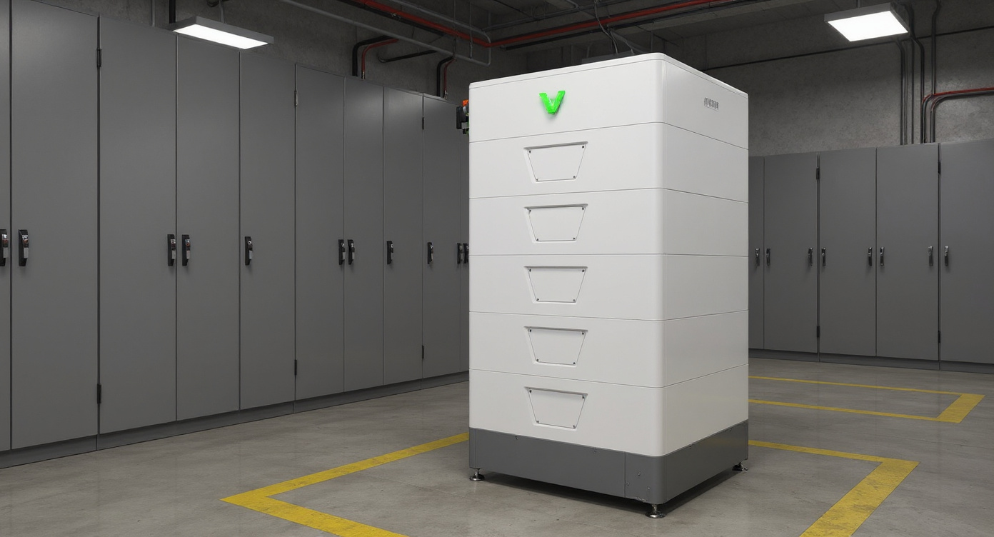 High voltage LiFePO4 ESS cabinet positioned beside switchgear and cable trays in an electrical switchgear room.