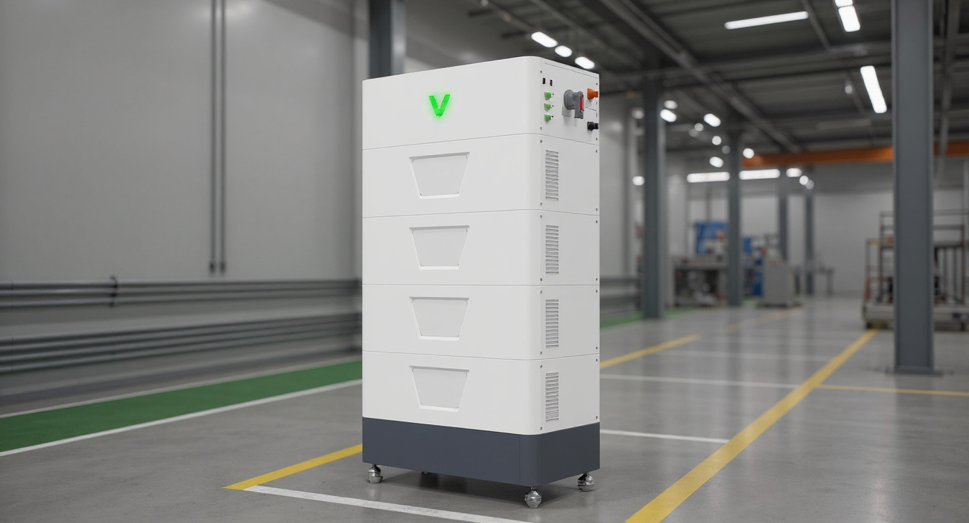 High voltage LiFePO4 ESS cabinet in a factory production floor setting with busbar trunking and demarcated zones.