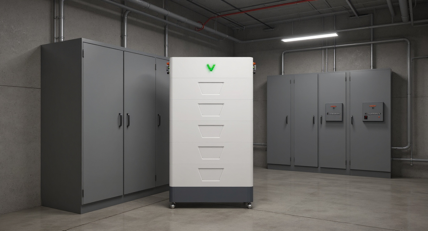 Modular battery cabinet integrated into an industrial switchgear room with cable trays and electrical panels.