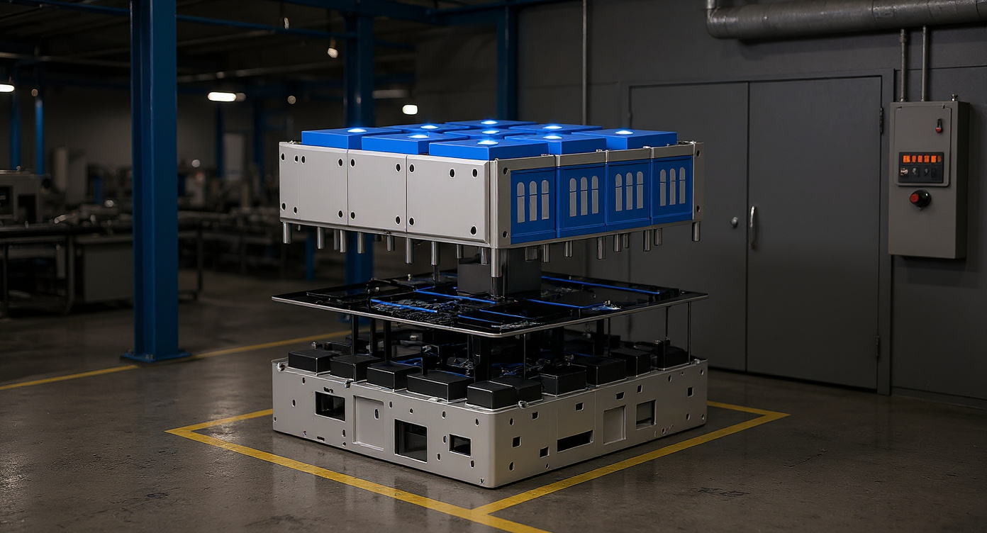 High-voltage LiFePO4 battery system installed on a factory floor beside manufacturing equipment.