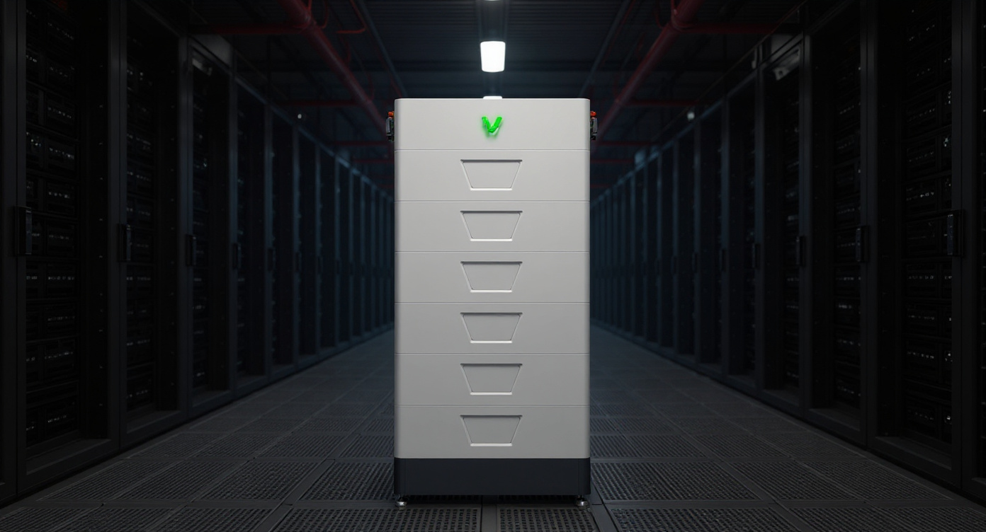 LiFePO4 battery backup system placed at the end of a data center server aisle, providing off-grid power resilience.