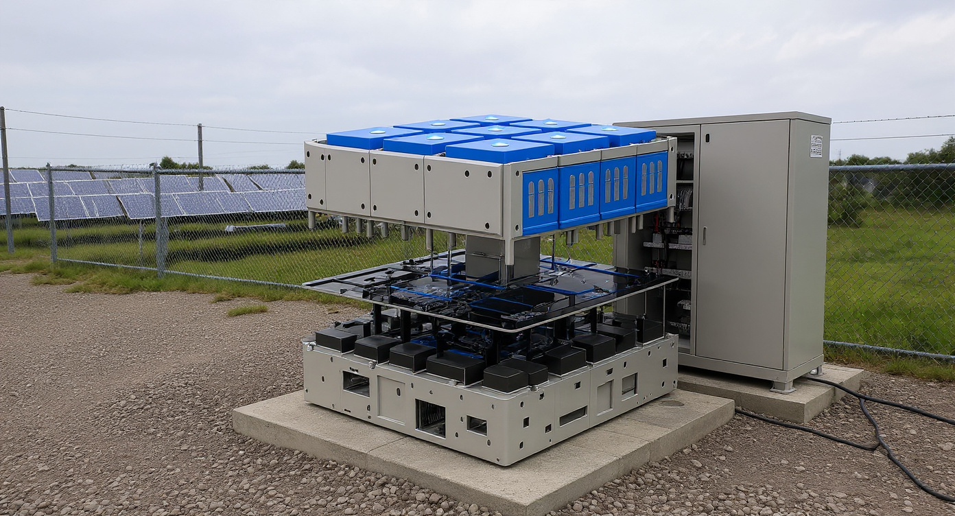 Outdoor solar-plus-storage yard with modular high-voltage battery cabinets on a concrete pad beside a solar array.