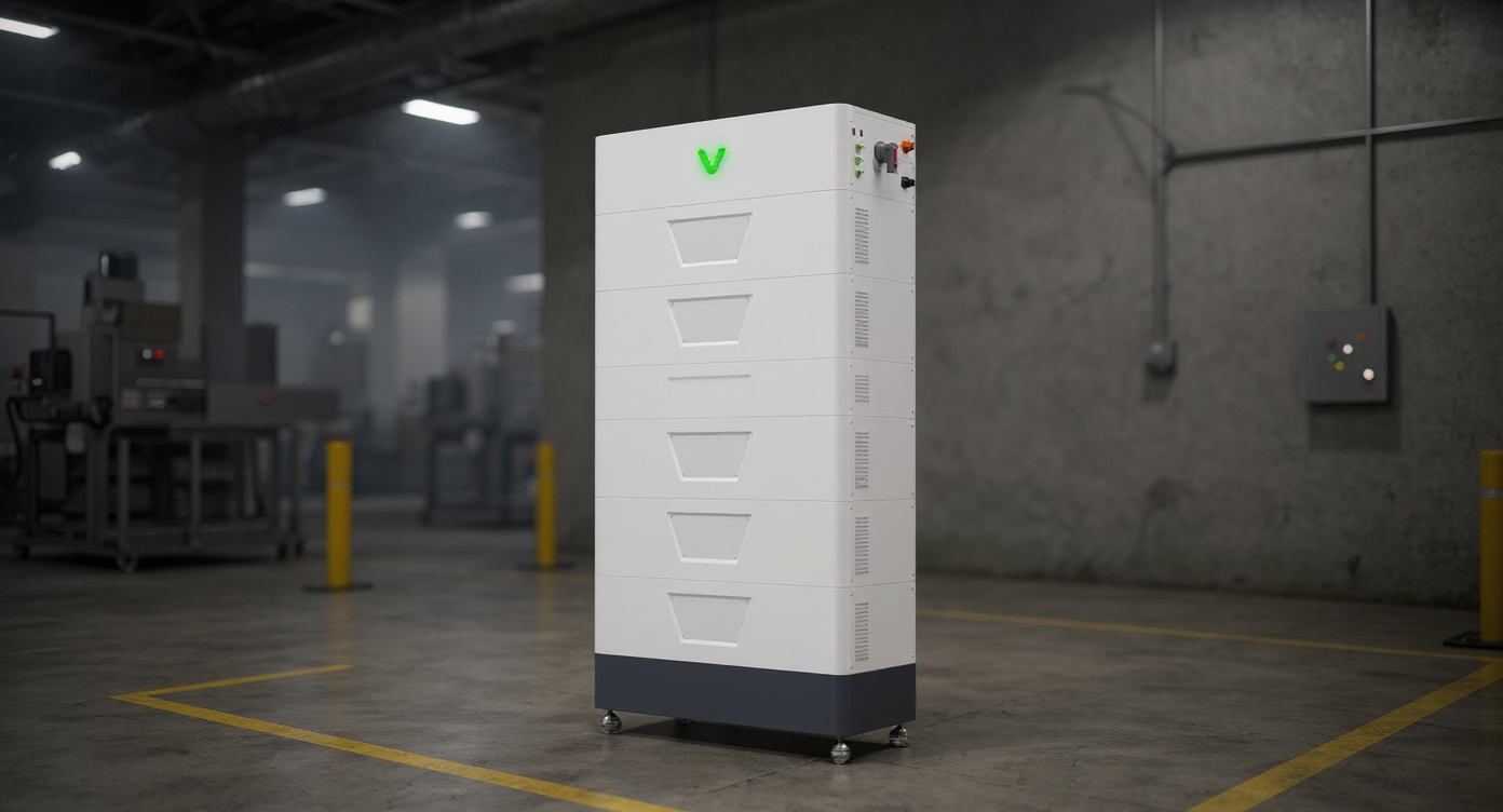 Modular battery energy storage cabinets inside a factory production floor, placed near packaging machinery.