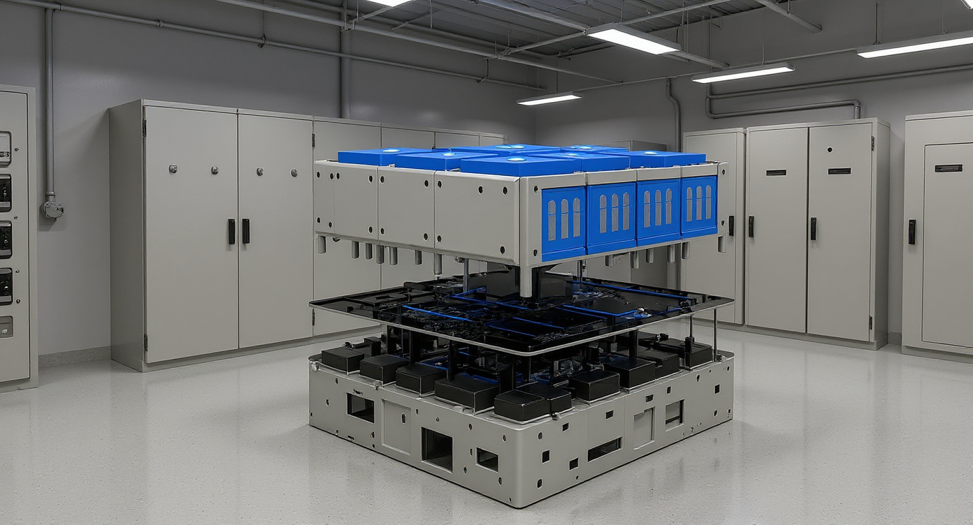 High-voltage modular battery cabinets in an electrical switchgear room, aligned with a switchgear lineup.