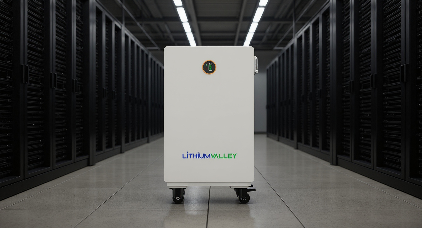 W15-5A residential LFP battery standing on raised floor in data center server aisle.