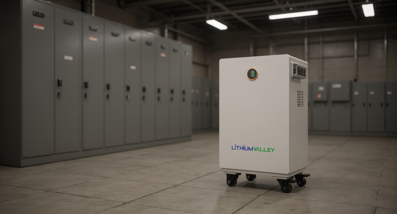 W15-5A residential LFP battery beside electrical switchgear cabinet in utility room.