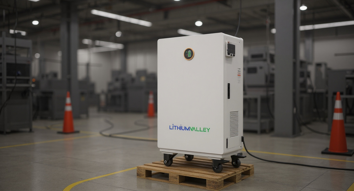 W15-5A residential LFP battery on pallet in factory production floor near assembly machinery.