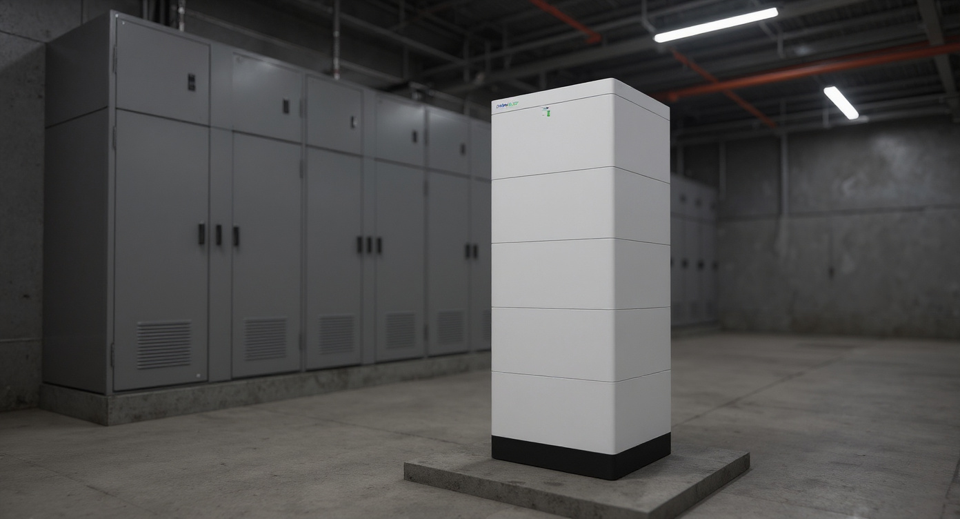 LV-BST-H5.12Aa battery stack in an electrical switchgear room with low-voltage distribution cabinets.