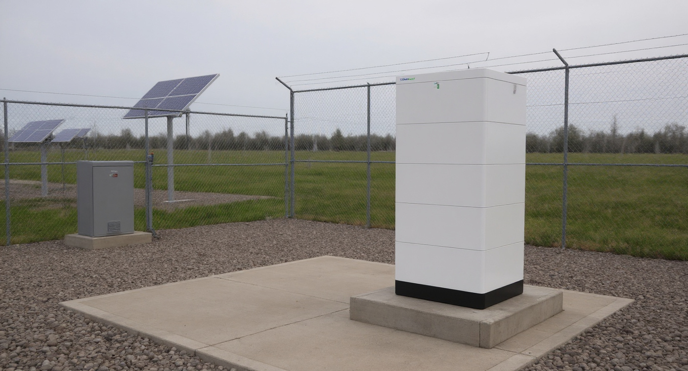 LV-BST-H5.12Aa battery stack outdoors at a solar-plus-storage installation with ground-mounted solar panels.