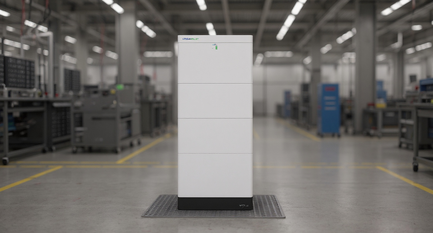 LV-BST-H5.12Aa battery stack on a factory floor near battery testing benches.