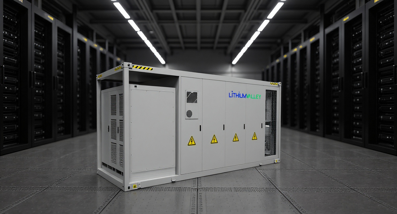 Containerized ESS unit placed inside a data center hall with rows of server racks and raised floor.