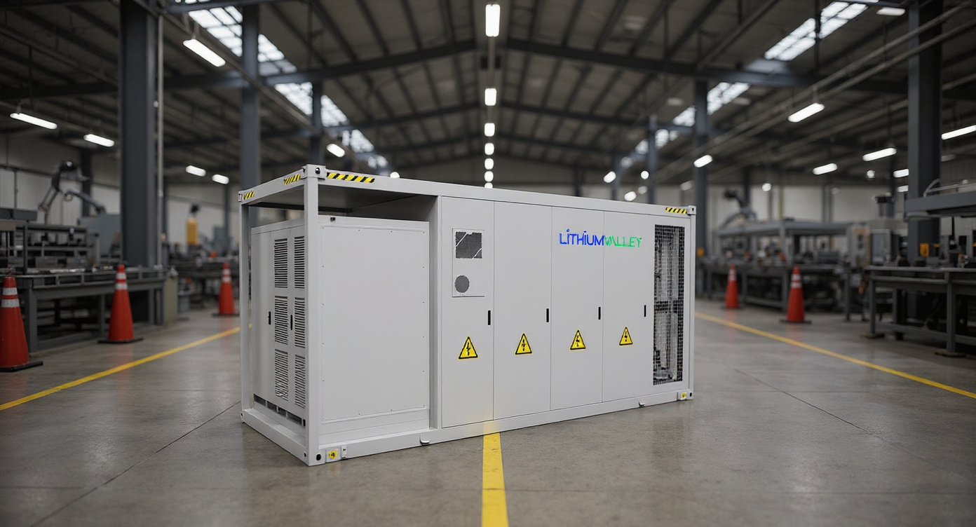 Containerized ESS unit on a factory floor near a production line with robotic arms and skylights.