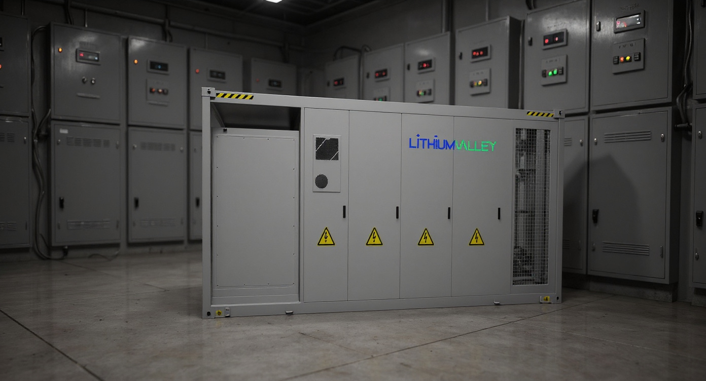 Containerized ESS unit in a switchgear room next to electrical cabinets and cable trays.