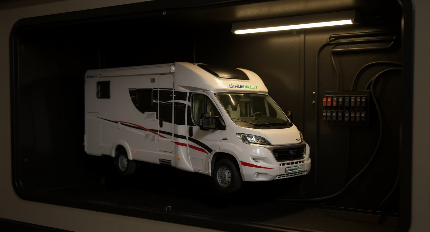 12V RV System installed inside an under-bench RV electrical compartment, mounted on a black panel with wiring.