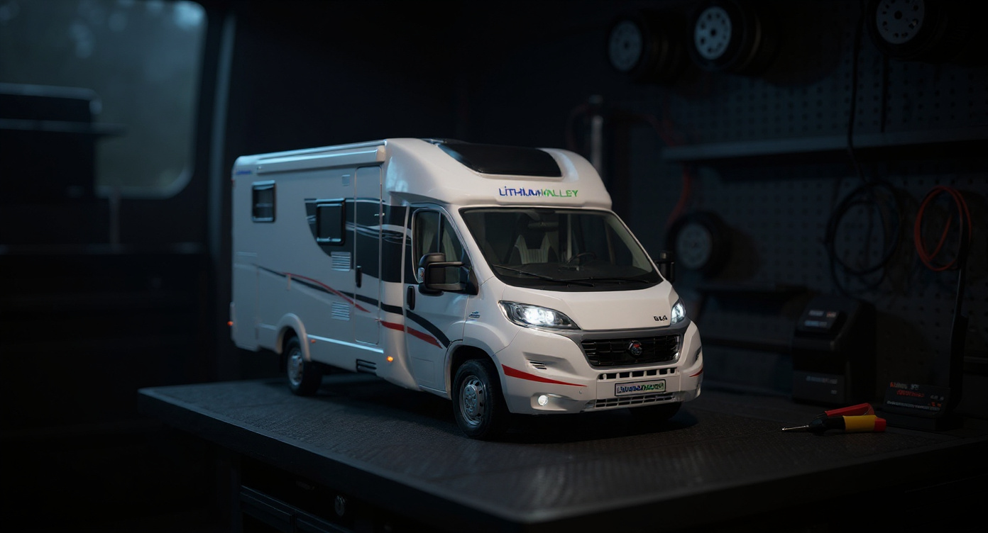12V RV System unit on a mobile service van workbench, with wire spools and tools softly blurred behind.