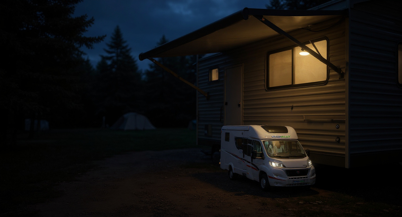 12V RV System mounted on the exterior wall of a travel trailer at a campground under an awning at dusk.