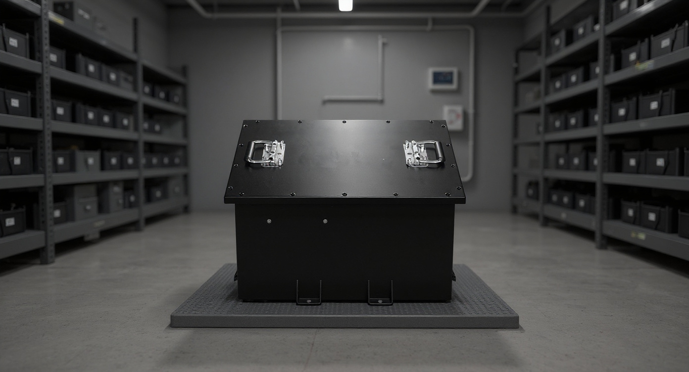 LV36100 battery on an anti-static mat in a battery storage room with industrial shelving.