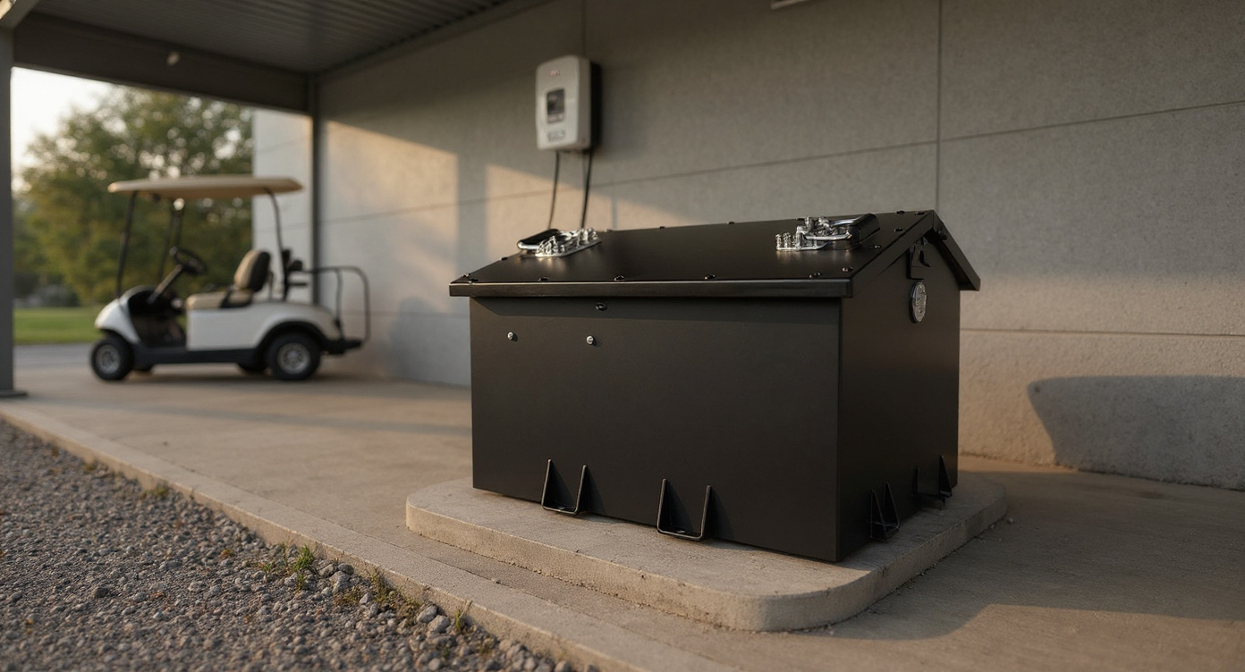LV36100 battery on a rolling cart in an outdoor covered golf cart parking area with charger.