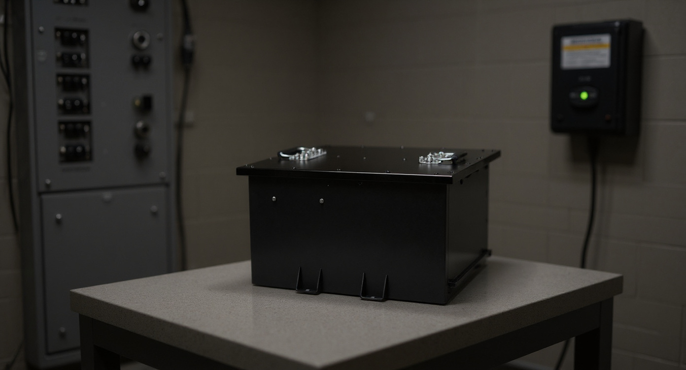 LV36100 battery on a composite table in an electrical prep room with switchgear panel.