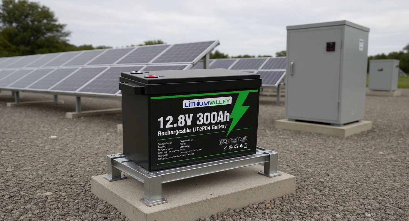 12.8V 300AH lithium battery mounted on a rack near a solar inverter and ground-mounted solar panels in an outdoor storage yard.