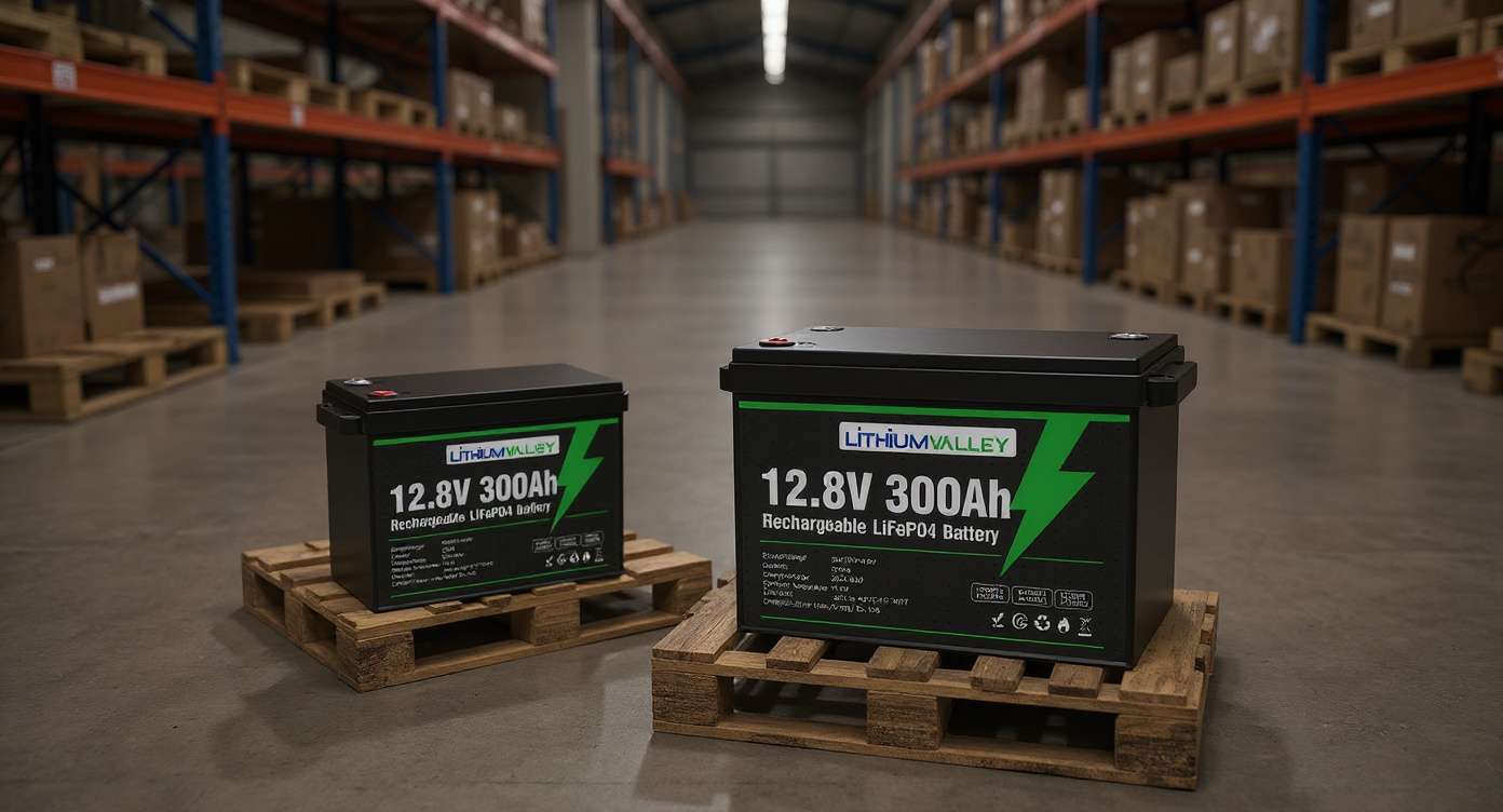 12.8V 300AH lithium battery on a wooden pallet in a warehouse with steel shelving and a forklift aisle behind.