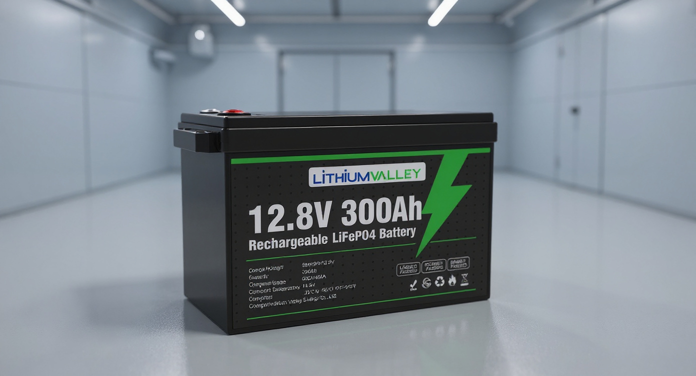 12.8V 300AH lithium battery on a monitoring desk with system status screens softly blurred in a control room.