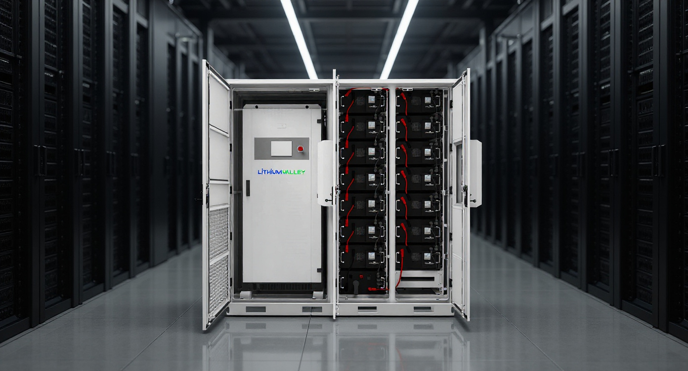Battery storage cabinet positioned at the end of a data center server aisle with rows of server racks under cool white lighting.