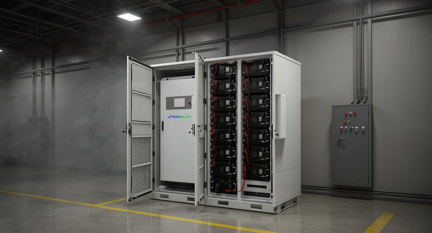 Battery storage cabinet placed on a factory floor next to electrical switchgear and cable trays under bright industrial lighting.