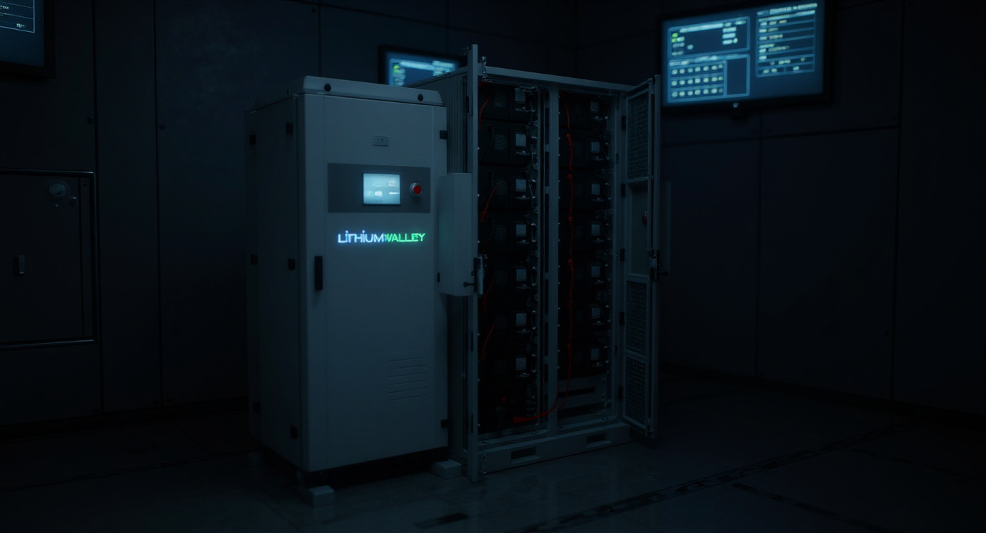 Battery storage cabinet in a control room with energy dashboard screens on the wall, lit by dim ambient and screen glow.