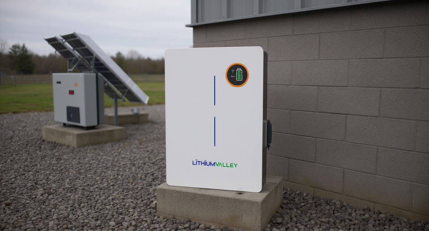 LV-BAT-W2.56Ac battery mounted on an outdoor utility wall in a solar-plus-storage yard.