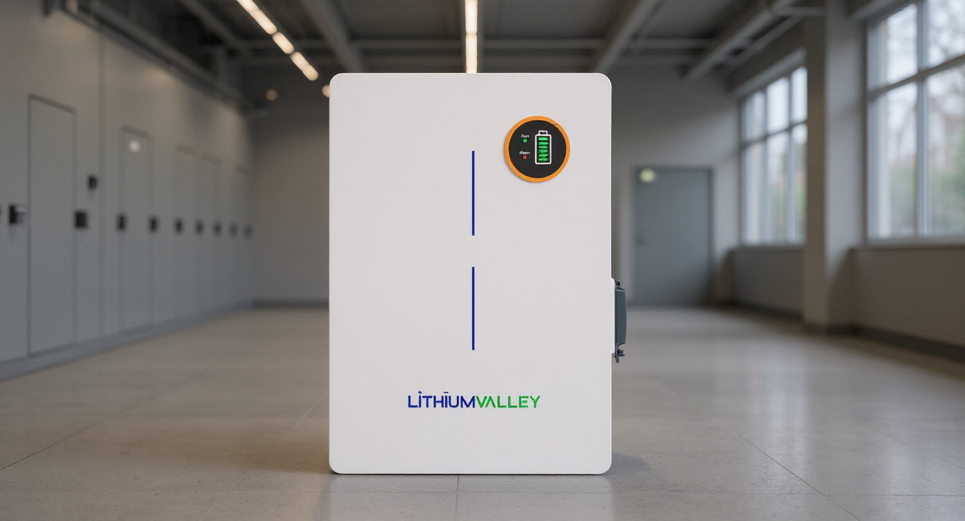 LV-BAT-W2.56Ac battery on a wall in a data center server hall.