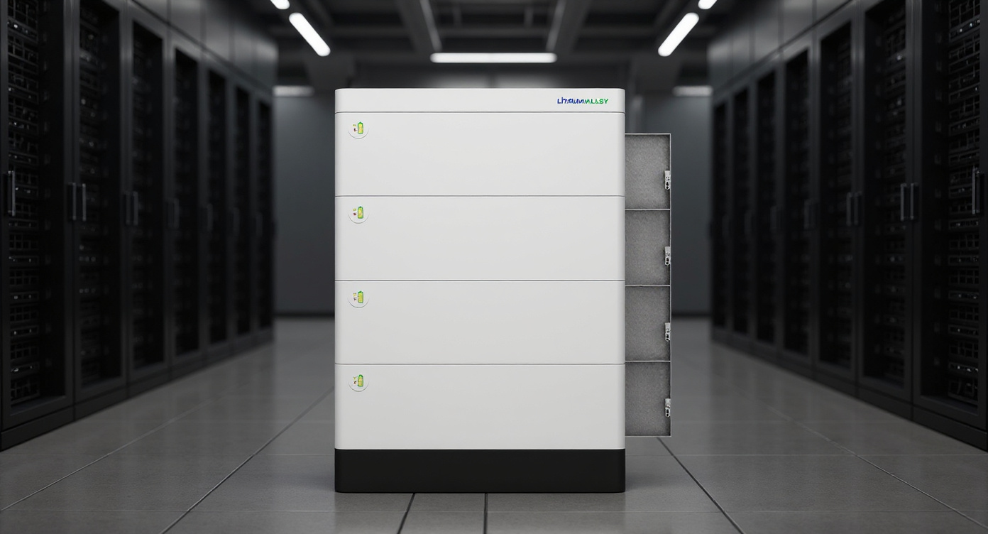 Stackable battery unit placed at the end of a server rack aisle in a data center, medium front view under cool LED lighting.