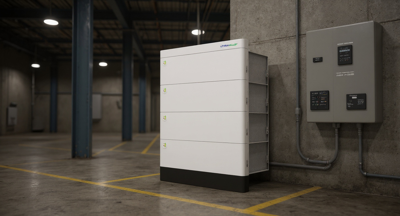 Stackable battery unit wall-mounted near an industrial control panel on a factory production floor, wide three-quarter rear view under high-bay lighting.