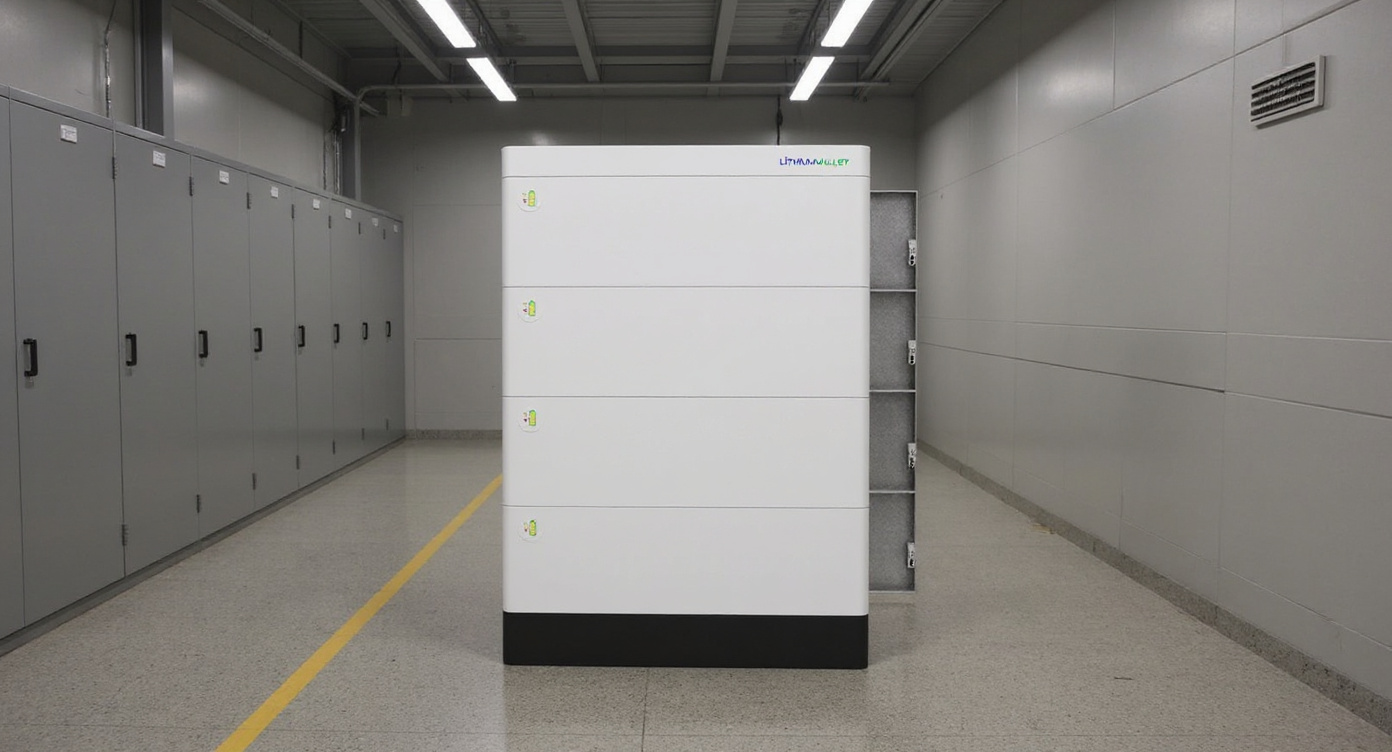 Stackable battery unit standing in an electrical switchgear room, close front view under neutral fluorescent lighting.