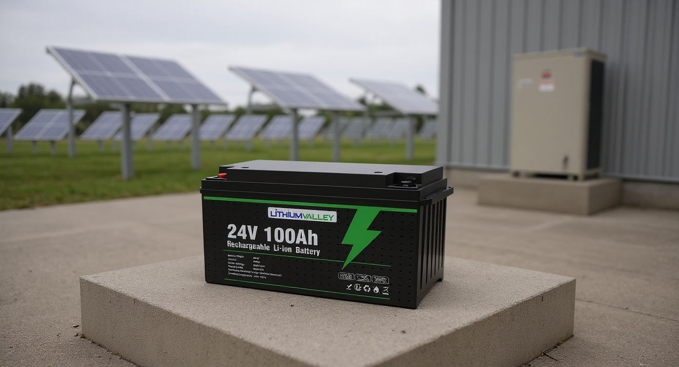 25.6V 100Ah lithium battery on concrete pad in outdoor solar-plus-storage yard, solar panels and inverter cabinet behind, overcast daylight.