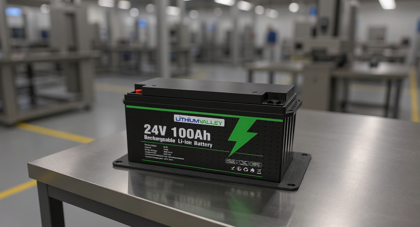25.6V 100Ah lithium battery on stainless steel workbench in factory, yellow safety lines and inspection machine background, bright industrial lighting.