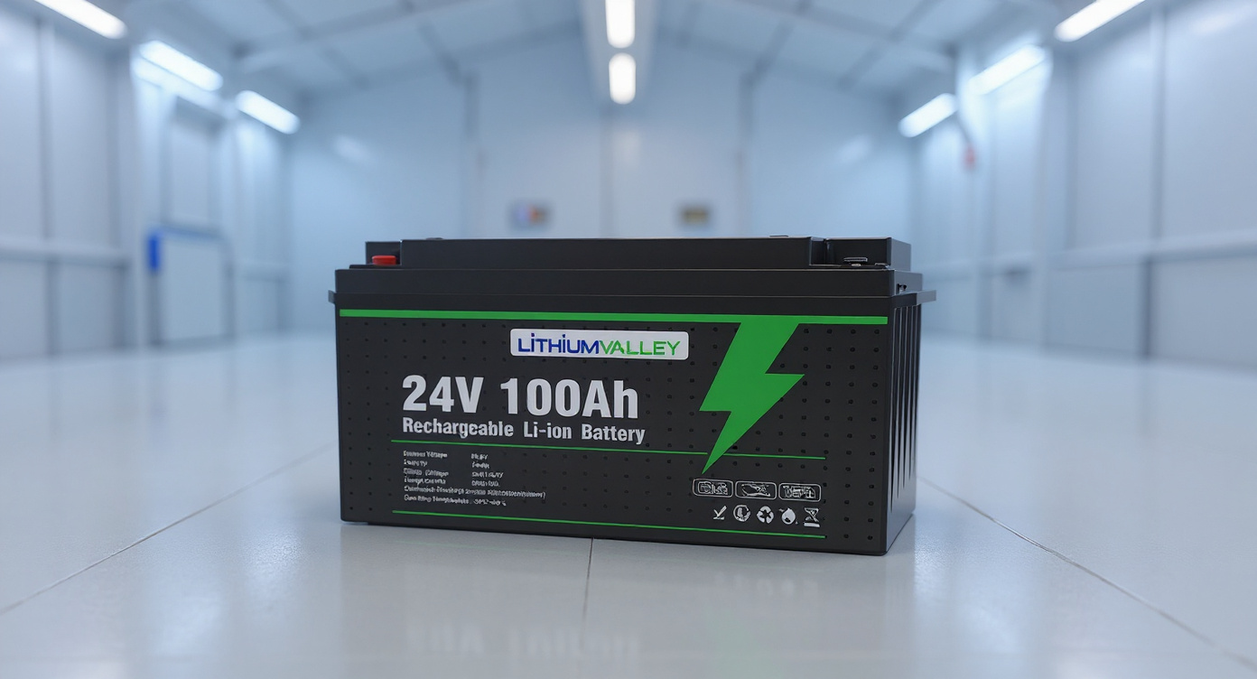 25.6V 100Ah lithium battery on rack shelf in data center server hall with dark server racks and status lights, cool dim ambient lighting.