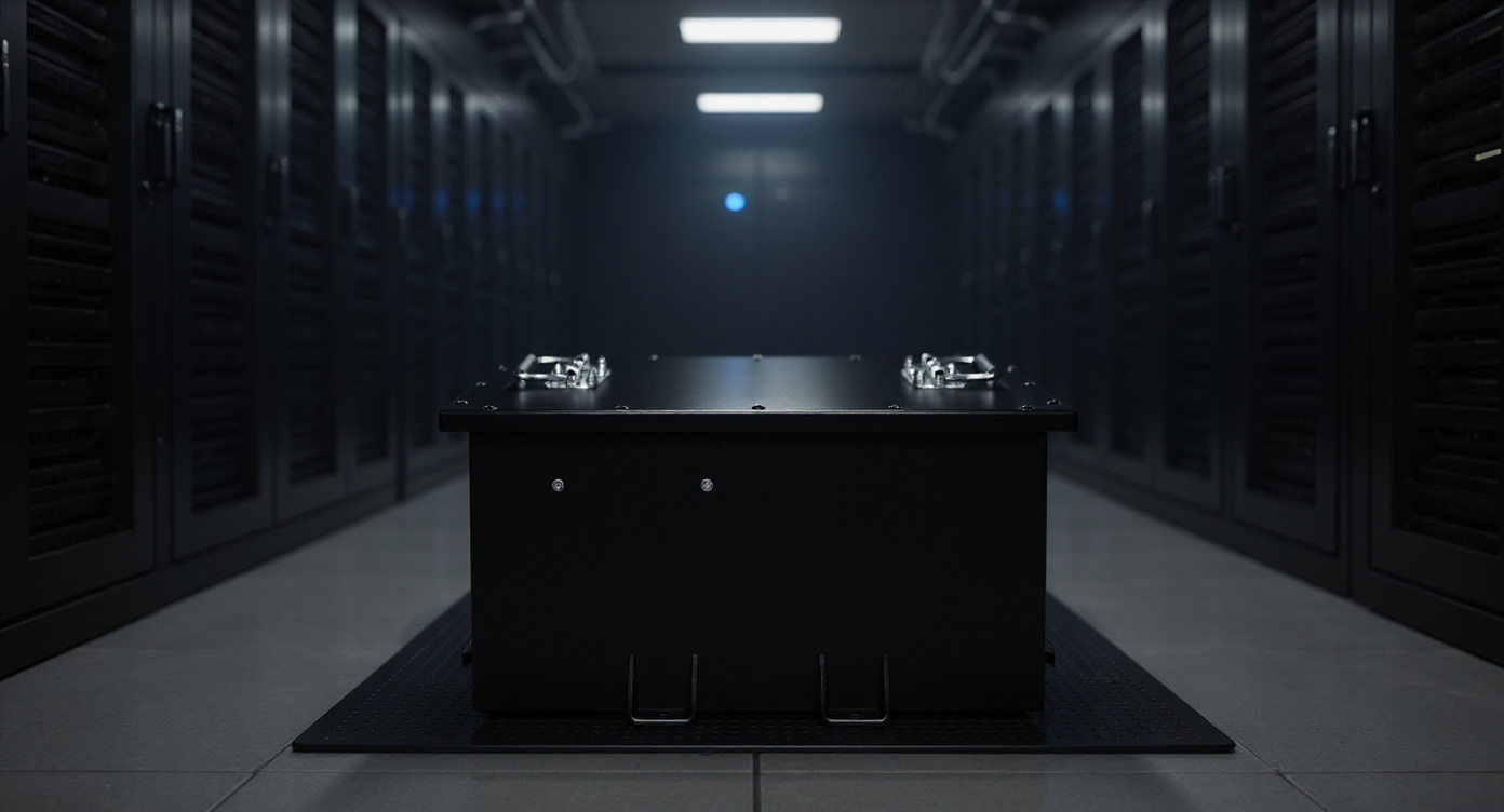 LV4860 battery sitting on an anti-static mat in a data center server aisle with server racks in background.