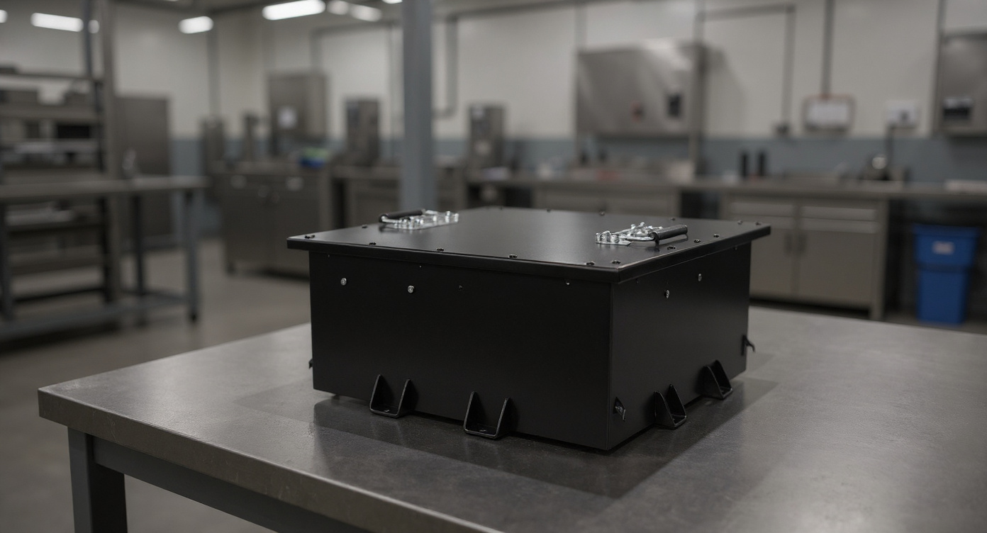 LV4860 battery placed on a steel workbench in an industrial assembly area with factory workstations behind.