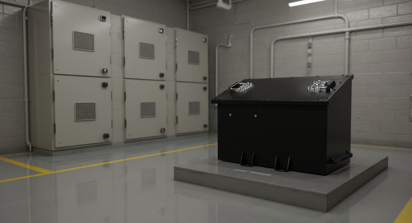 LV4860 battery on a metal platform in an electrical switchgear room with beige cabinets and conduit.