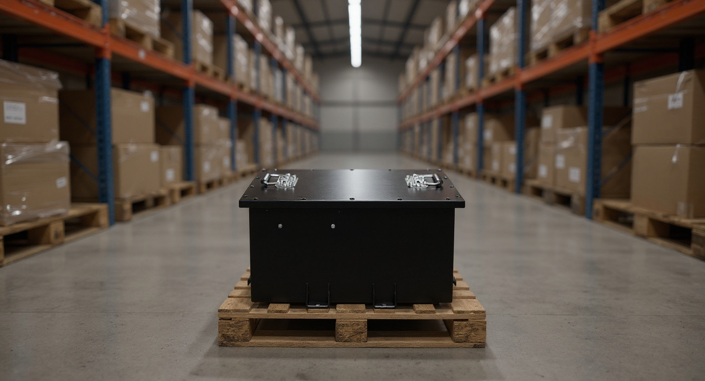 LV48100 battery on a pallet in a warehouse aisle.