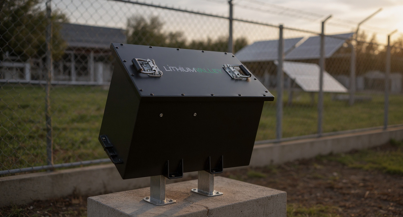 LV48100 battery mounted outdoors near solar panels.