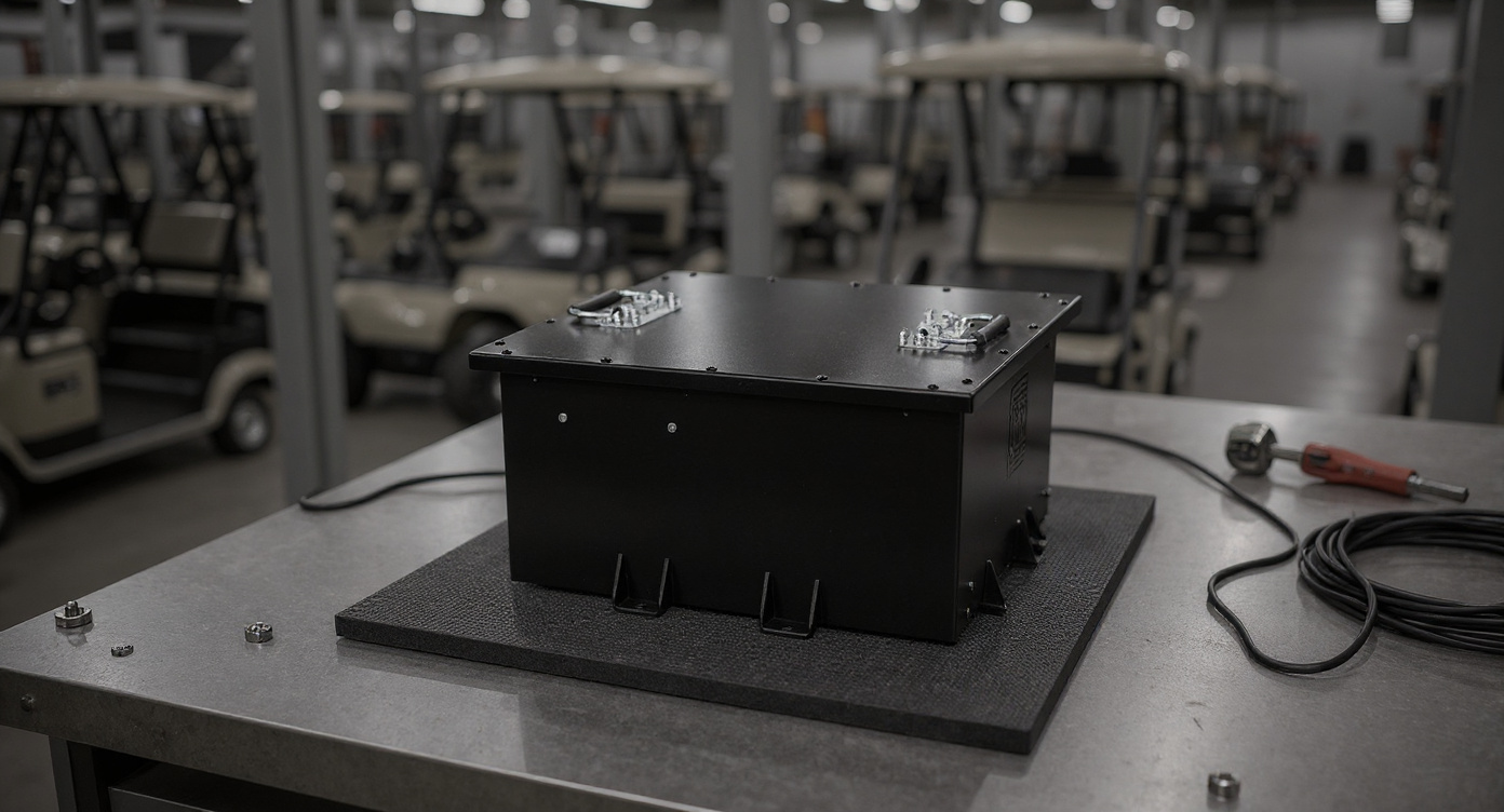 LV48100 battery on an assembly workstation in a factory.