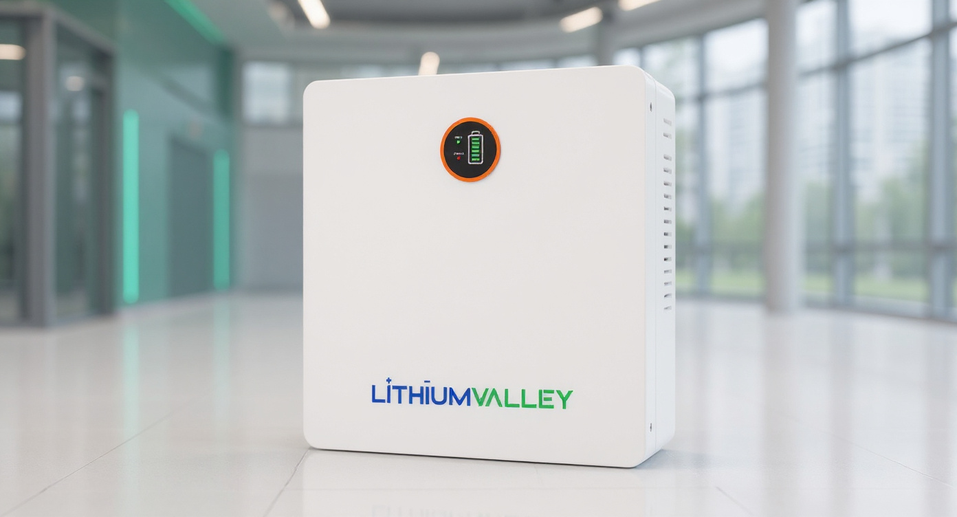 Wall-mounted battery centered in data center aisle with blurred server racks, medium front view.