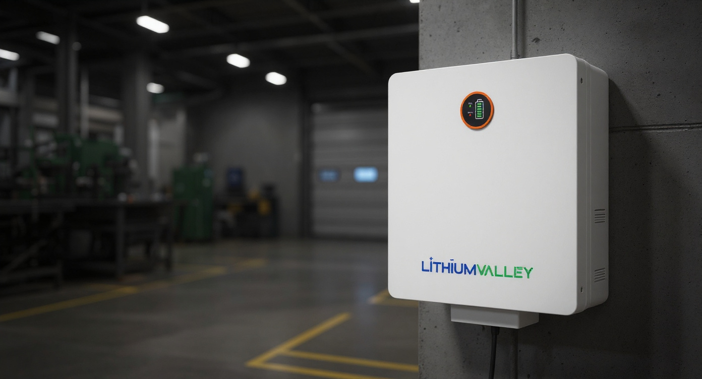 Wall-mounted battery on factory column with industrial equipment background, wide three-quarter view.