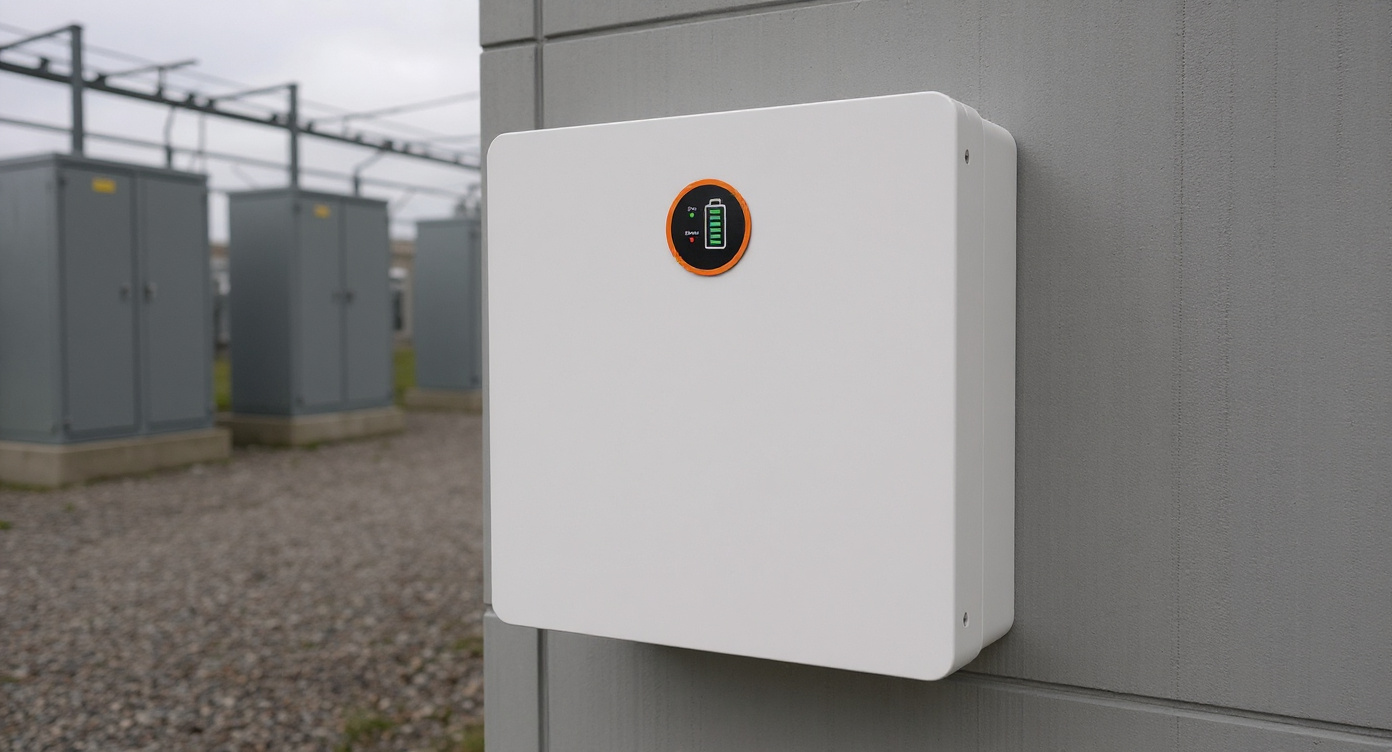 Wall-mounted battery on exterior concrete wall in switchgear yard, medium front view.