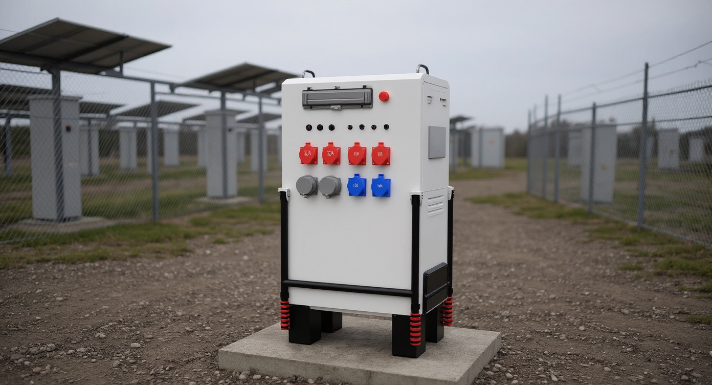 Portable energy storage unit at an outdoor solar-plus-storage yard with solar panels in background.