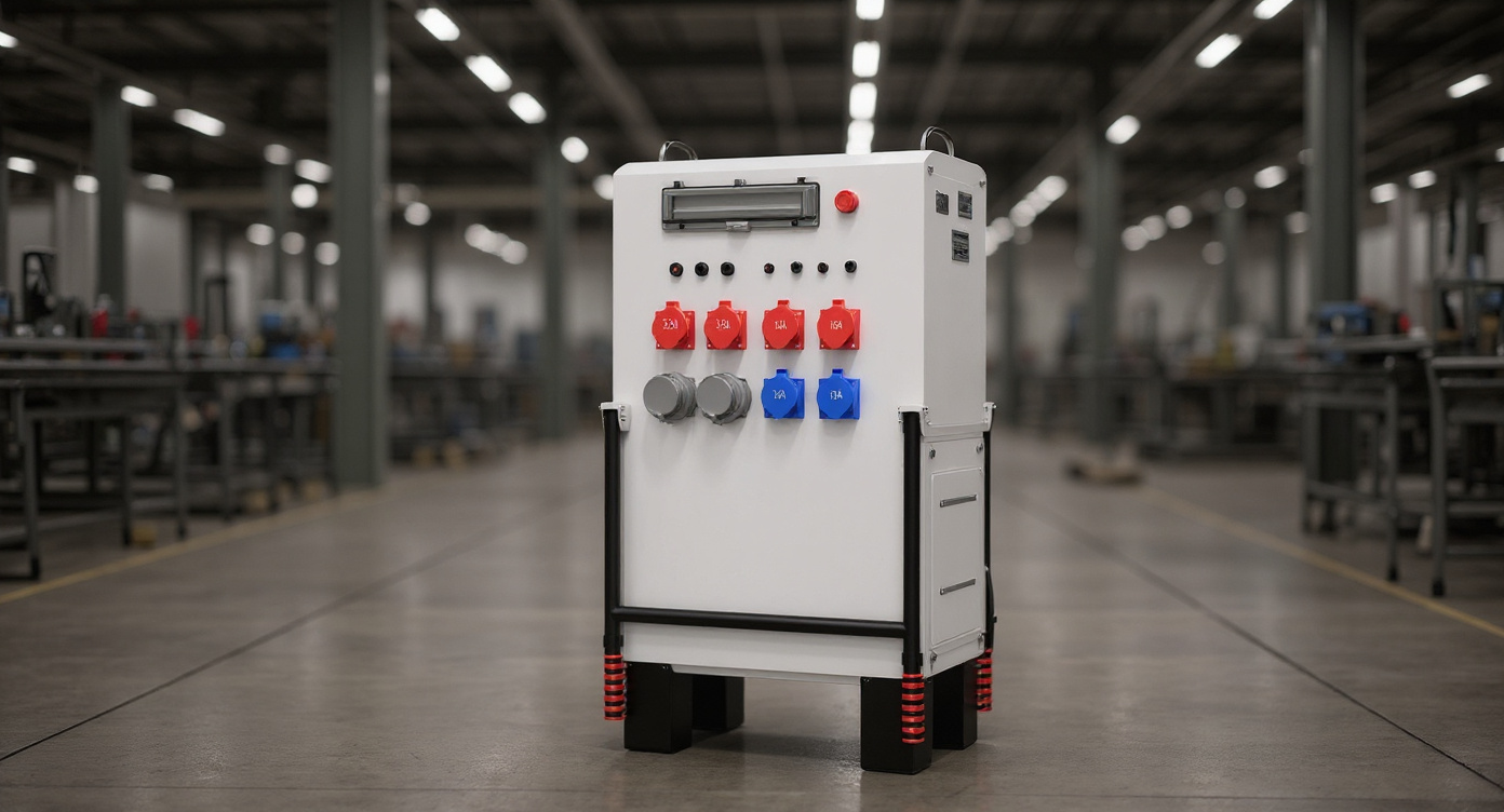 Mobile energy storage system on a factory production floor with blurred industrial machinery behind.
